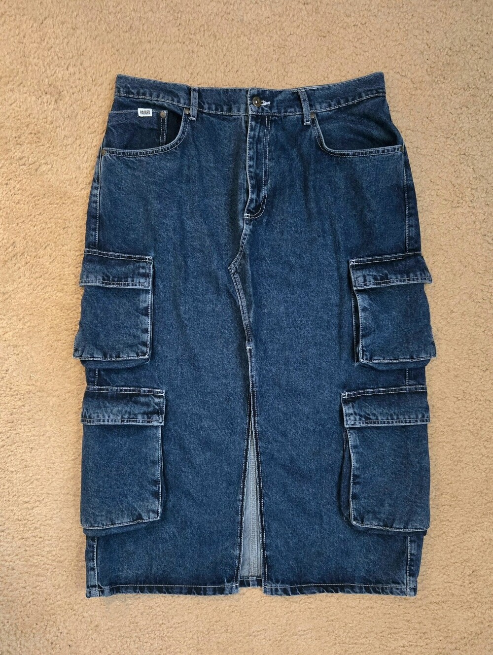 The Ragged Priest blue denim cargo midi skirt Sz 14